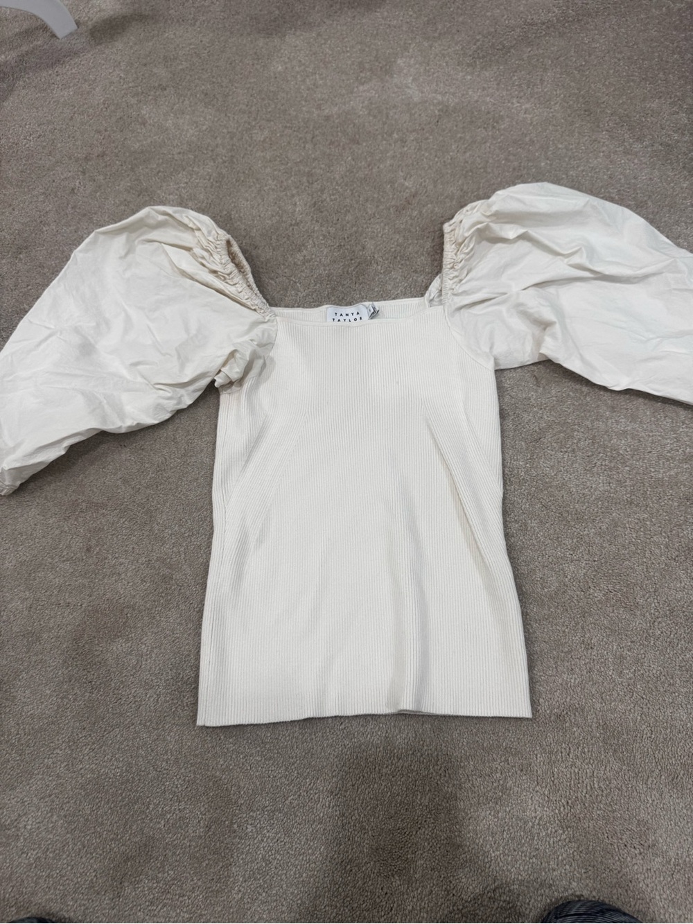 Tanya Taylor Cream Square-Neck Ribbed Top with Puff Sleeves, size S